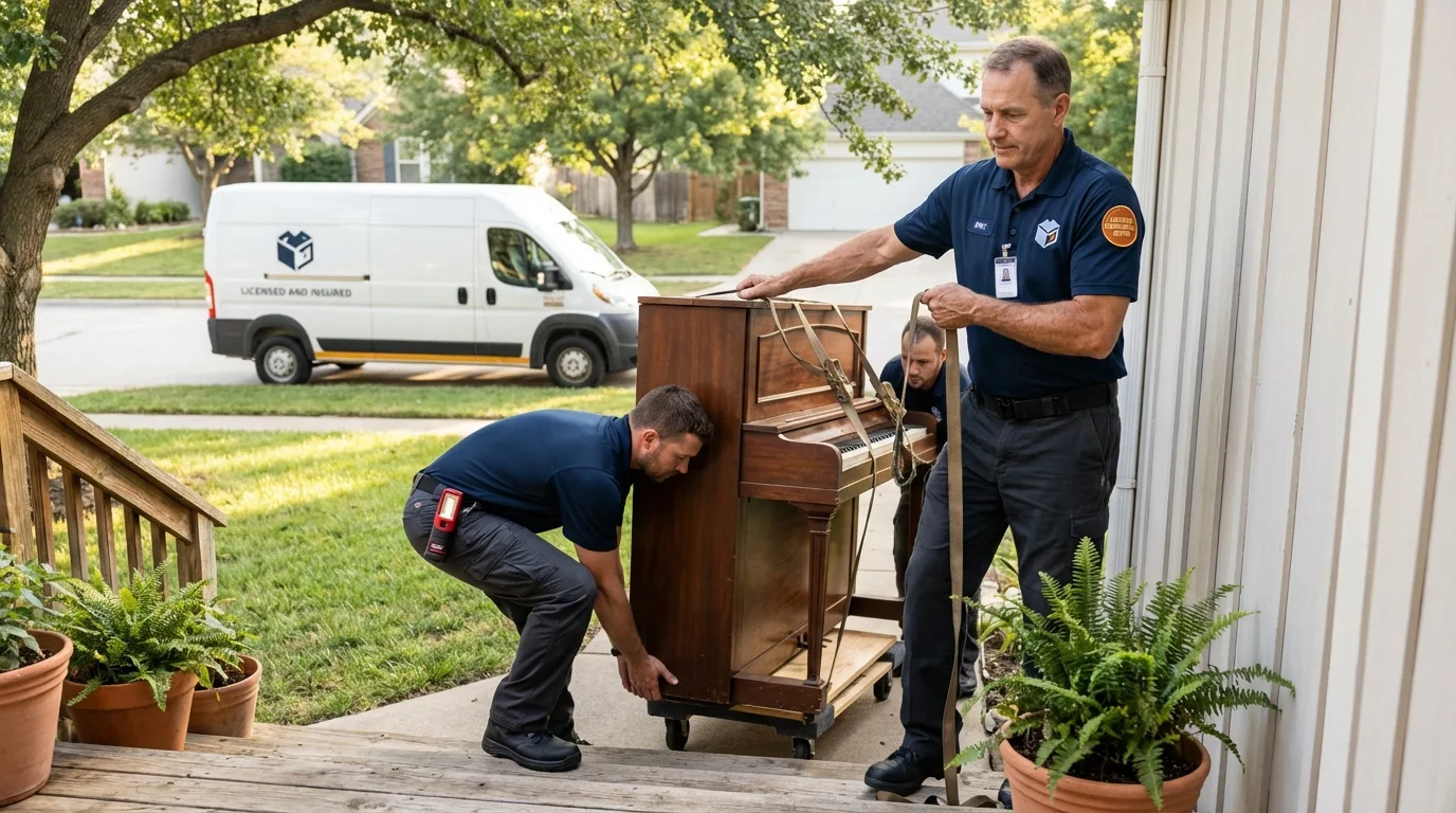 Licensed piano movers securing grand piano in Hines, OR