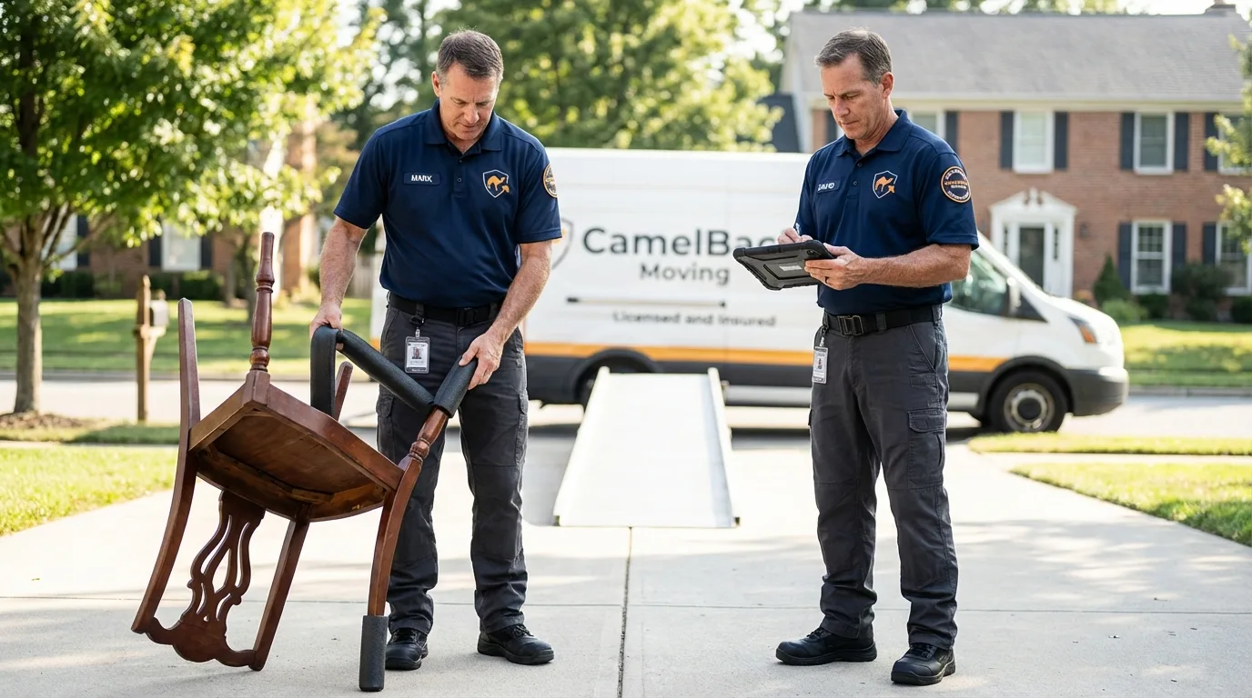 Movers inspecting furniture for damage prevention before loading in Hines, OR